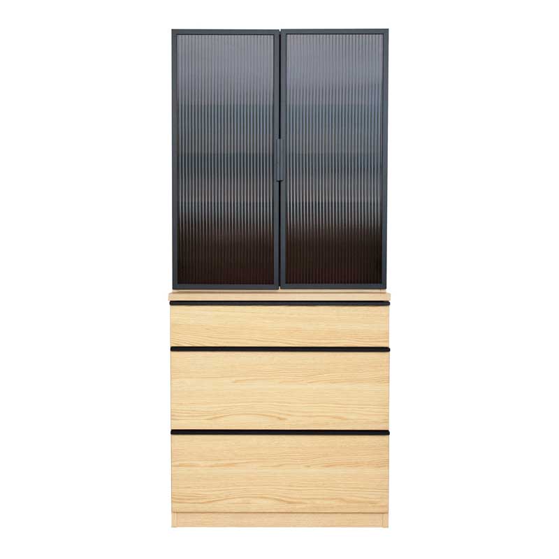 ガラス扉のおしゃれなカップボード｜幅78cm｜上質な木目のナチュラルモダン食器棚