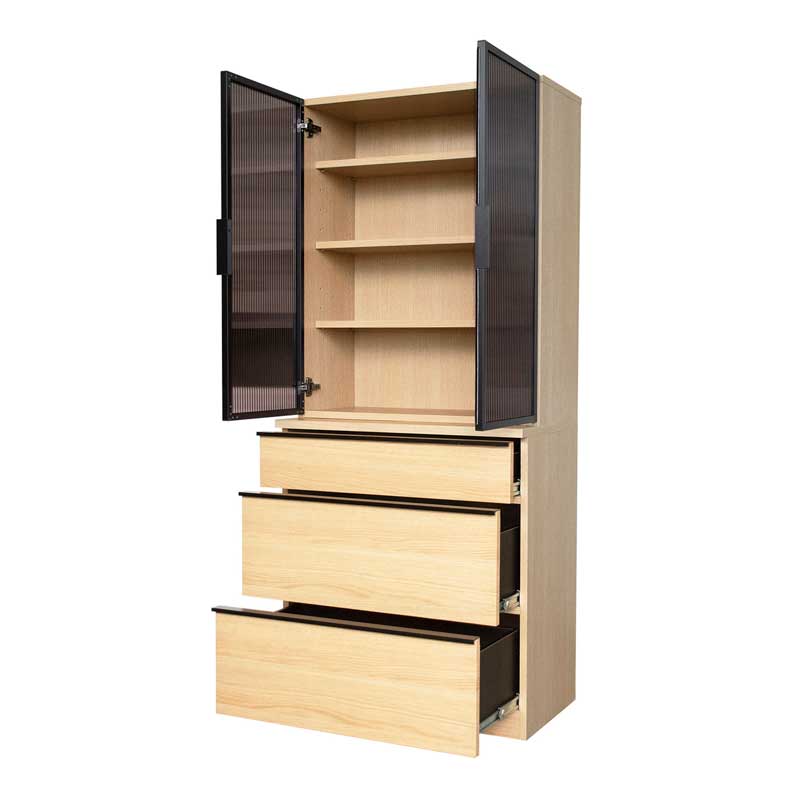 ガラス扉のおしゃれなカップボード｜幅78cm｜上質な木目のナチュラルモダン食器棚