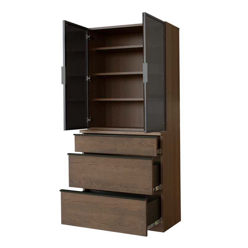 ガラス扉のおしゃれなカップボード｜幅78cm｜上質な木目のナチュラルモダン食器棚