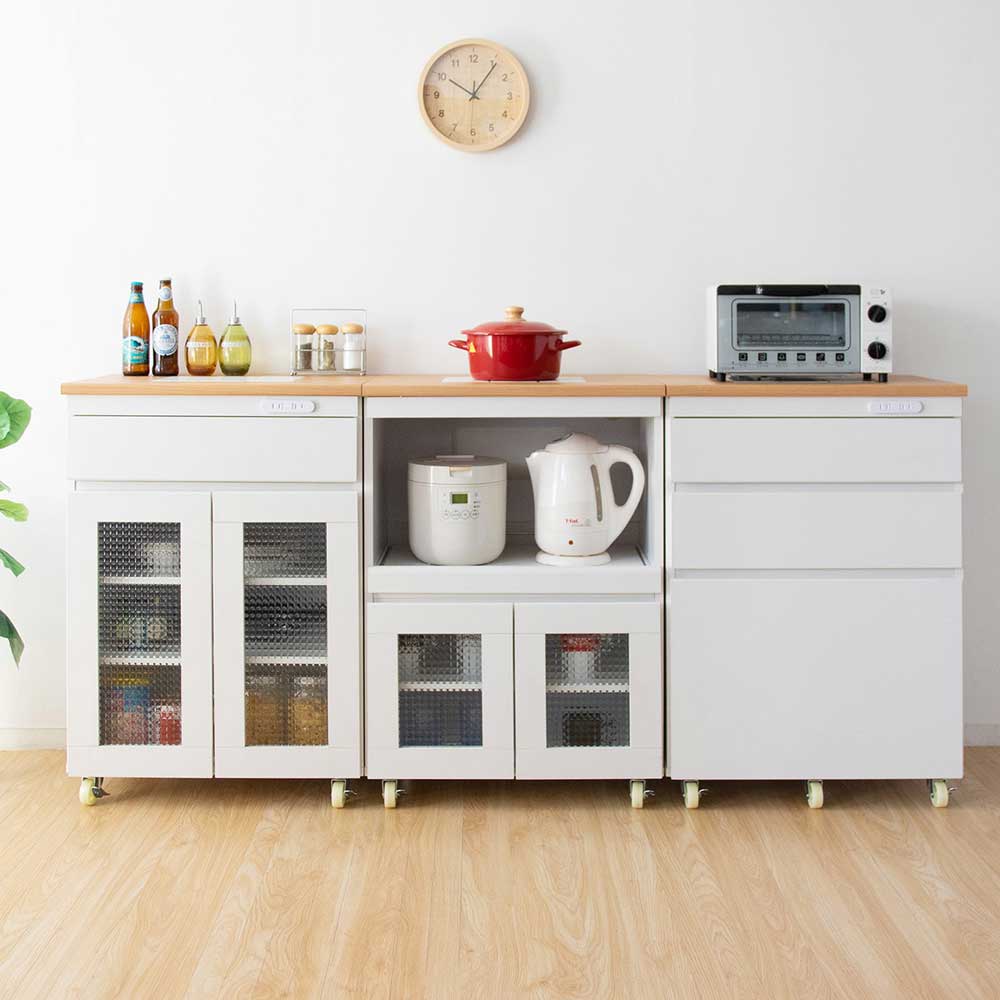 ホワイト 食器棚・キッチンカウンター ガラス扉付き ホワイトキッチン