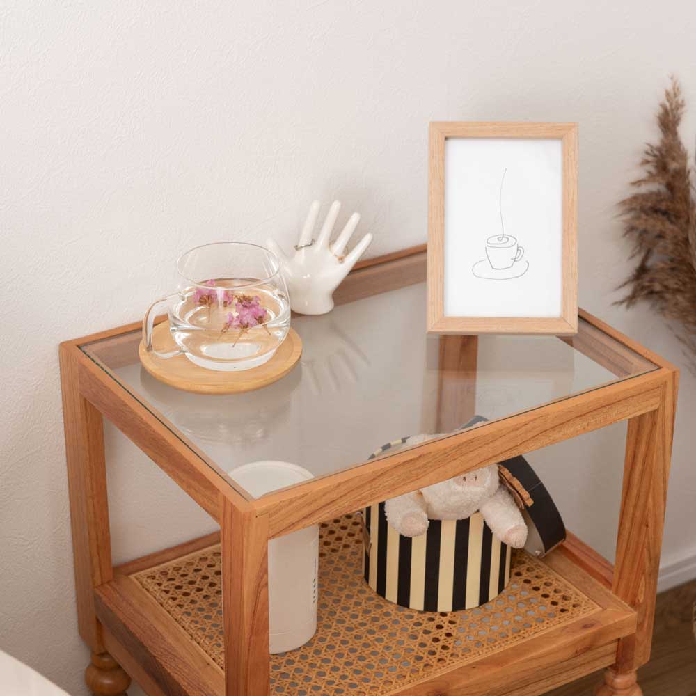 ラタンテーブル 円型 ガラス天板 直径45cm（ サイドテーブル アジアン