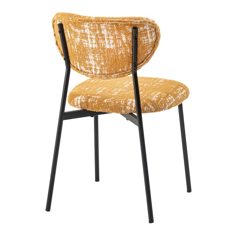 レトロモダンな布張りダイニングチェア｜丸みフォルム×スチール脚の異素材ミックス