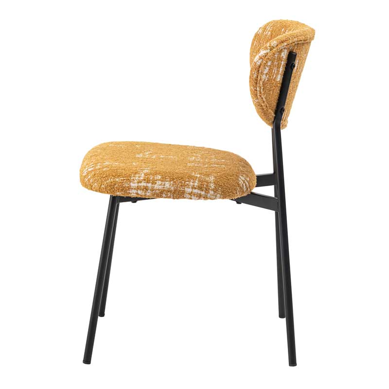 レトロモダンな布張りダイニングチェア｜丸みフォルム×スチール脚の異素材ミックス