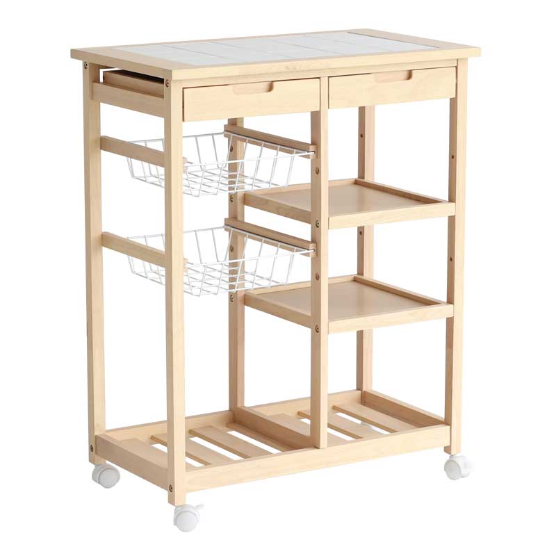 ナチュラルテイストのタイル天板キッチンワゴン