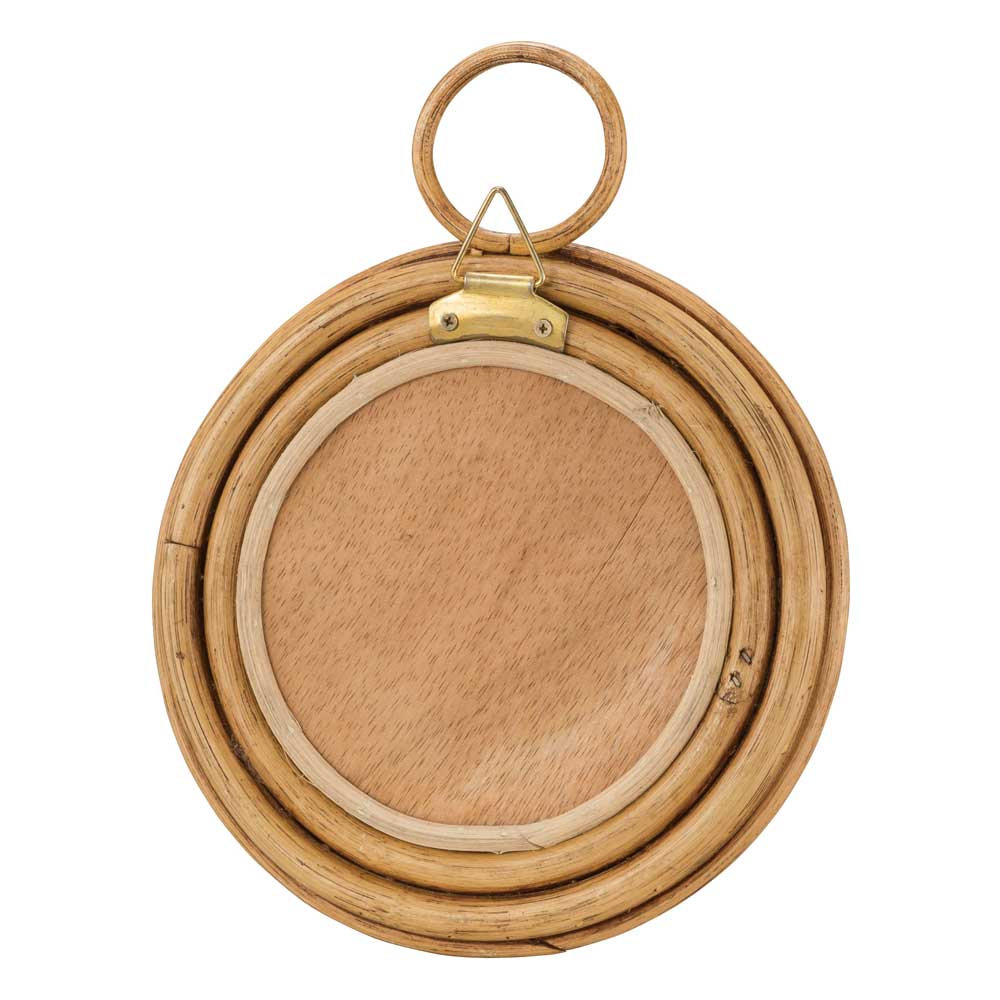 ラタンのウォールミラー｜丸型のヴィンテージ風鏡です｜ボヘミアンや