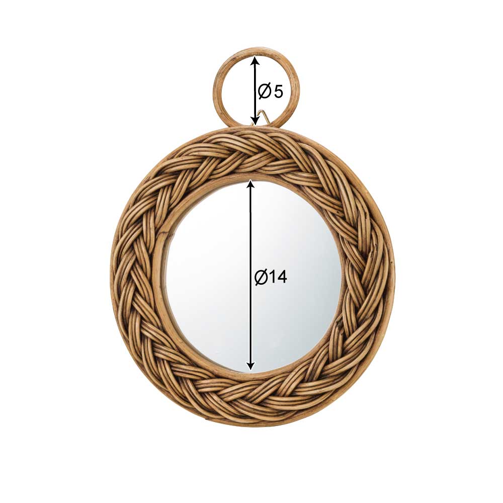 ラタンのウォールミラー｜丸型のヴィンテージ風鏡です｜ボヘミアンや
