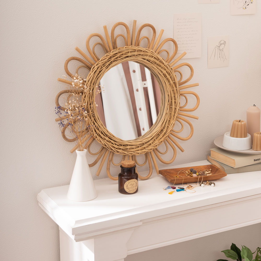 新品！サンフラワーラタン　ミラー ラタンフラワーミラー 直径43cm 鏡 壁掛け （ ミラー ウォールミラー