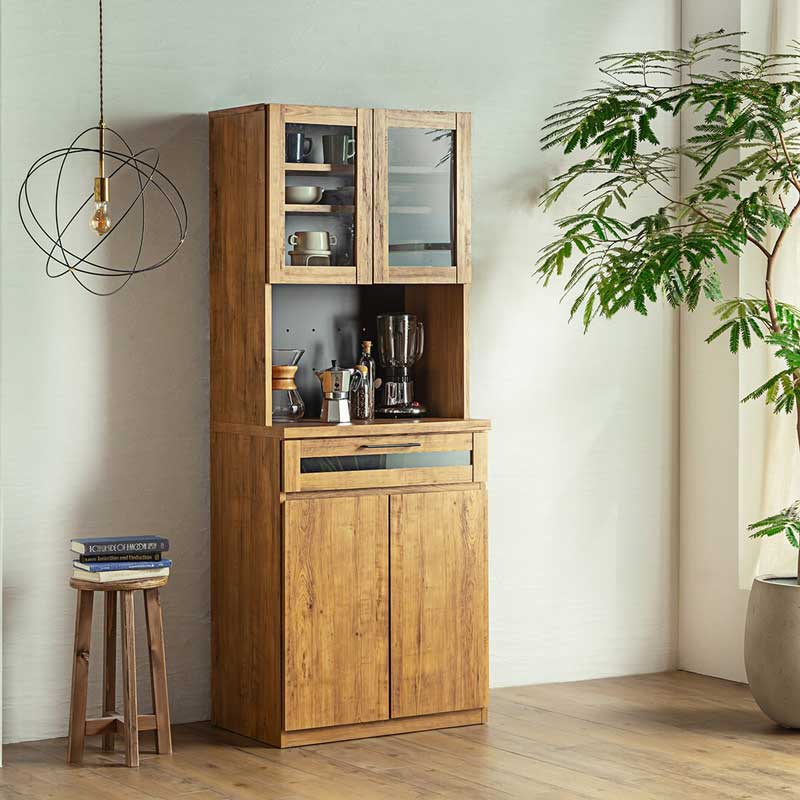 天然木の風合い引き立つビンテージ調キッチンボード｜幅70cmの上質収納