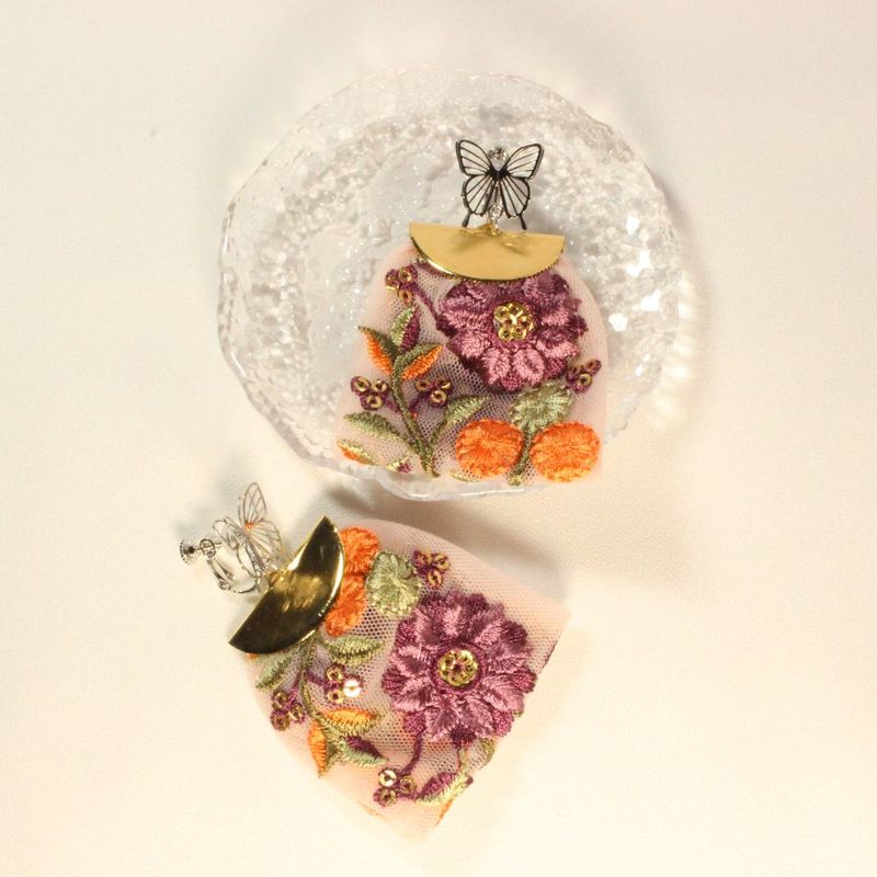 Embroidered Ribbon Butterfly Clip-on Earrings