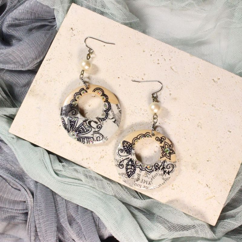 Cotton Pearl Wood Tribal Earrings for pierced ears