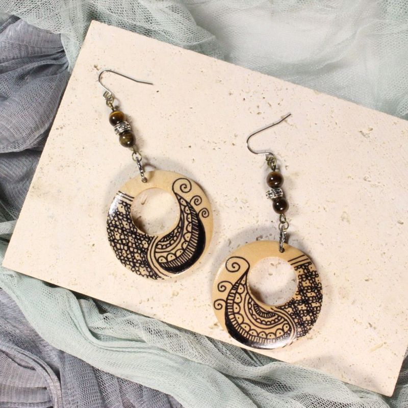 Gemstones Wood Tribal Earrings for pierced ears