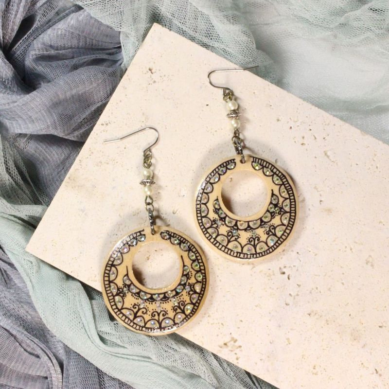 Cotton Pearl Wood Tribal Earrings for pierced ears