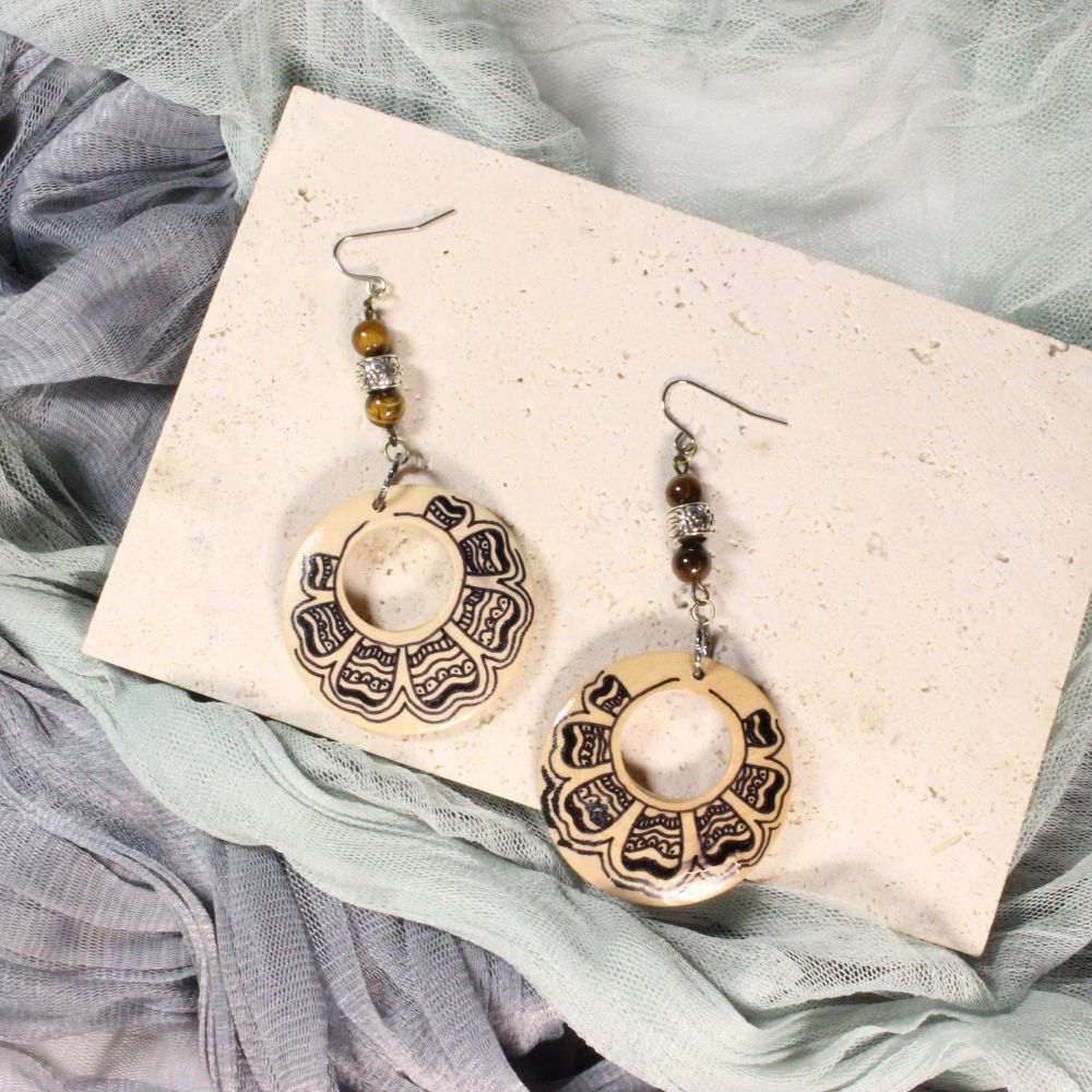 Gemstones Wood Tribal Earrings for pierced ears
