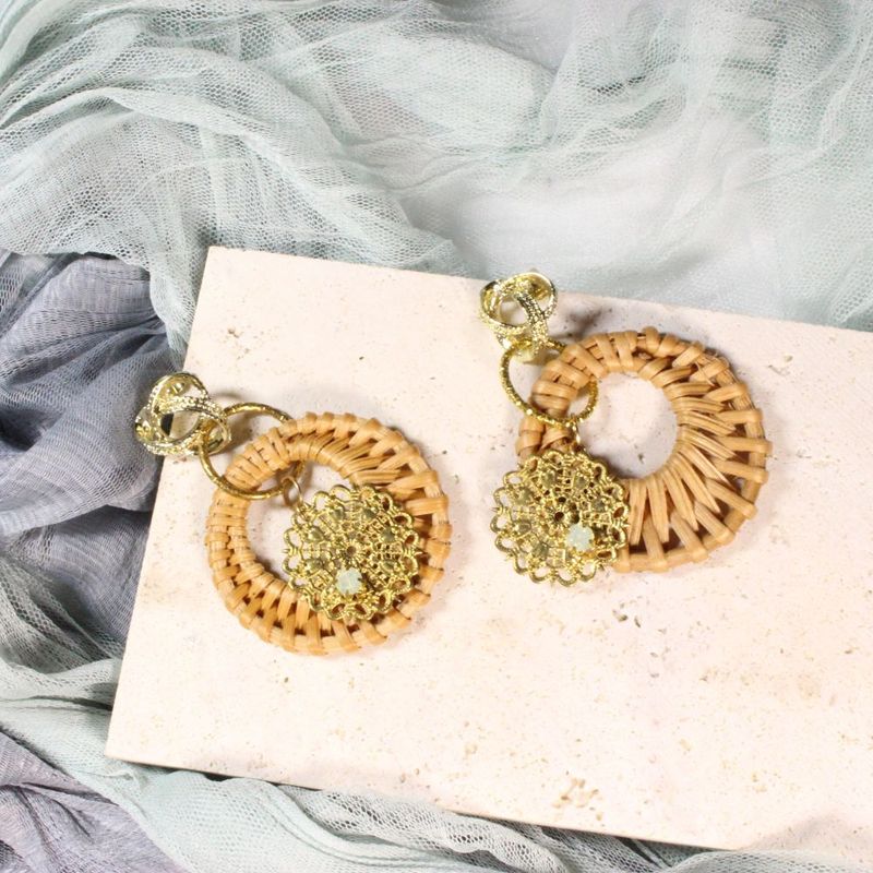 Rattan and Gold Earrings for pierced ears