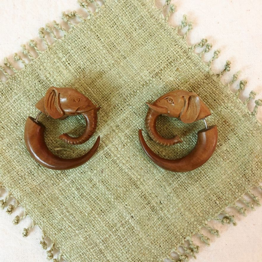Wooden Elephants Earrings for pierced ears