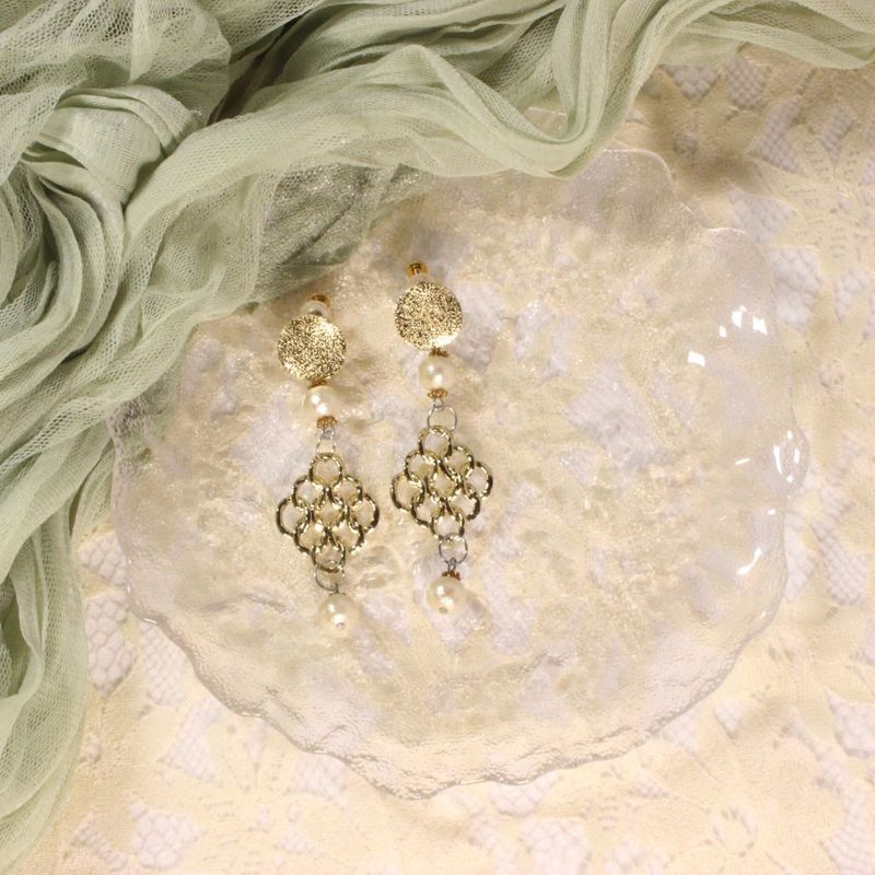 Openwork & Cotton Pearls Clip-on Earrings