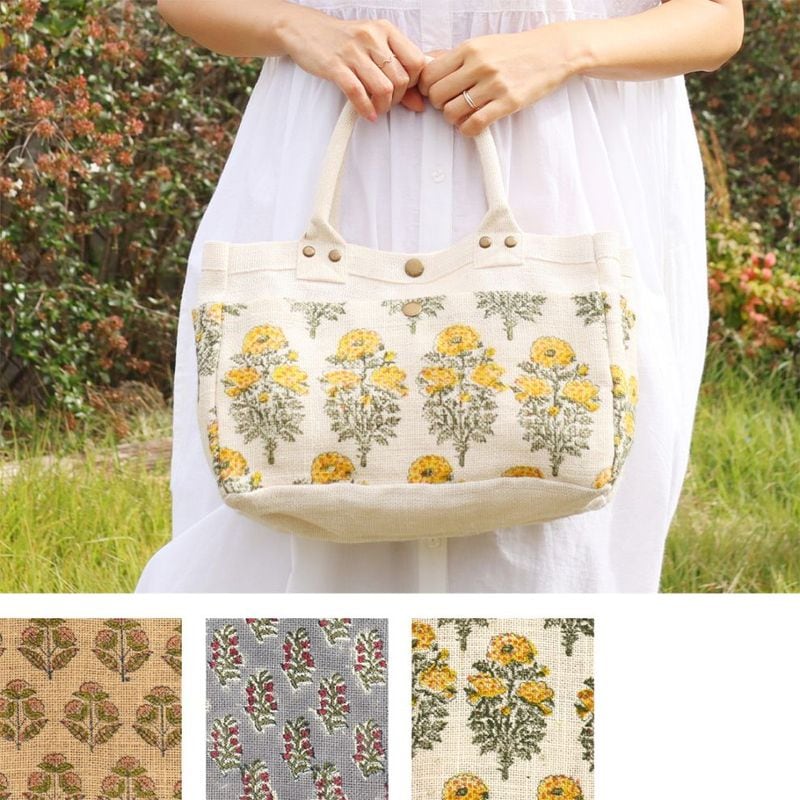 Woodblock Print Jute Handbags with 6 Pockets