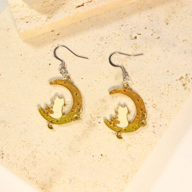 Cat on Crescent Moon Earrings for pierced ears