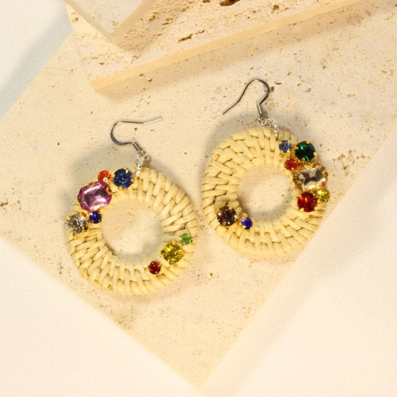 Rattan Earrings with Glass Bijoux
