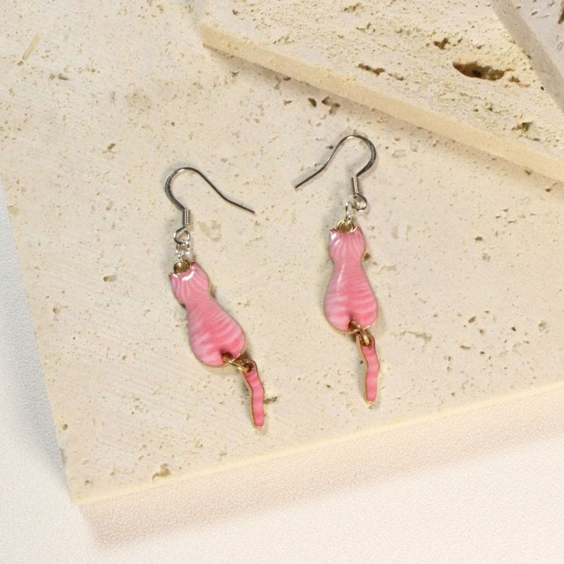 Pink Cat Earrings with a dangling tail