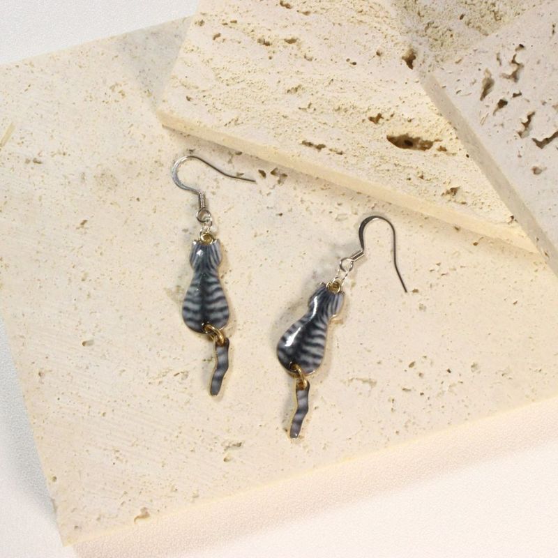 Silver Tabby Cat Earrings with a dangling tail