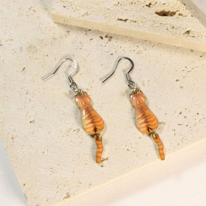 Orange Tabby Cat Earrings with a dangling tail