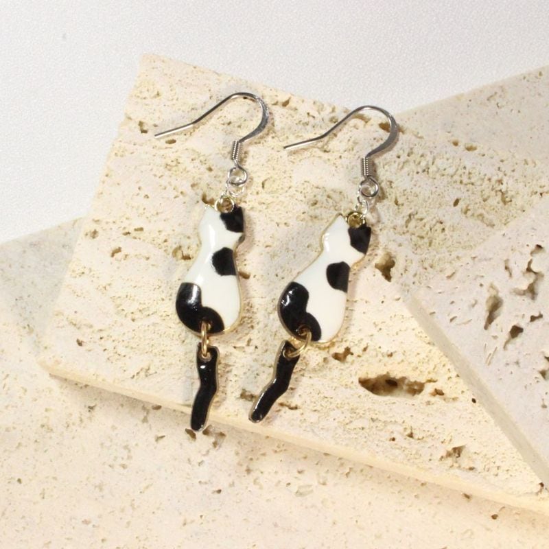 Bicolor Cat Earrings with a dangling tail