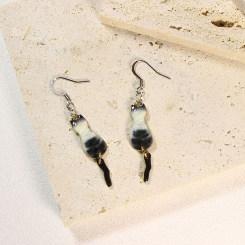 Bicolor Cat Earrings with a dangling tail