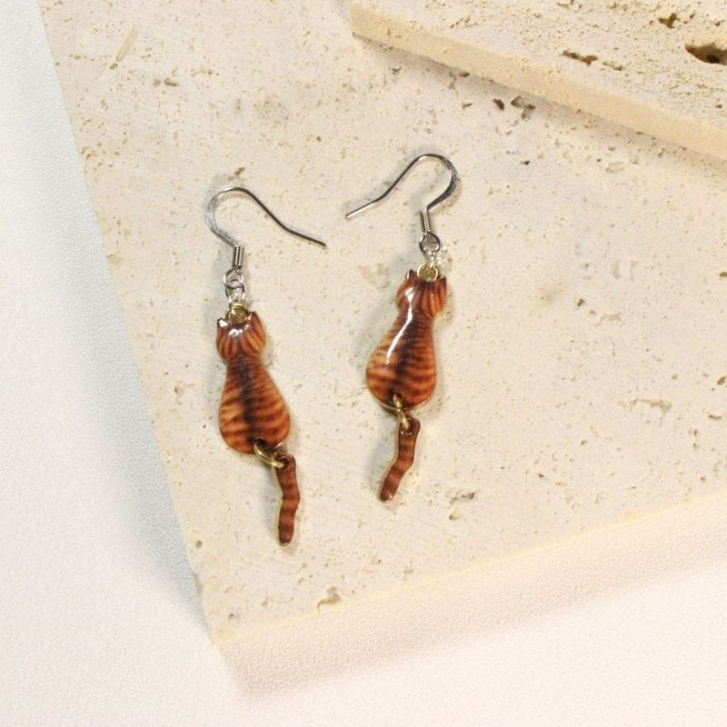 Red Tabby Cat Earrings with a dangling tail