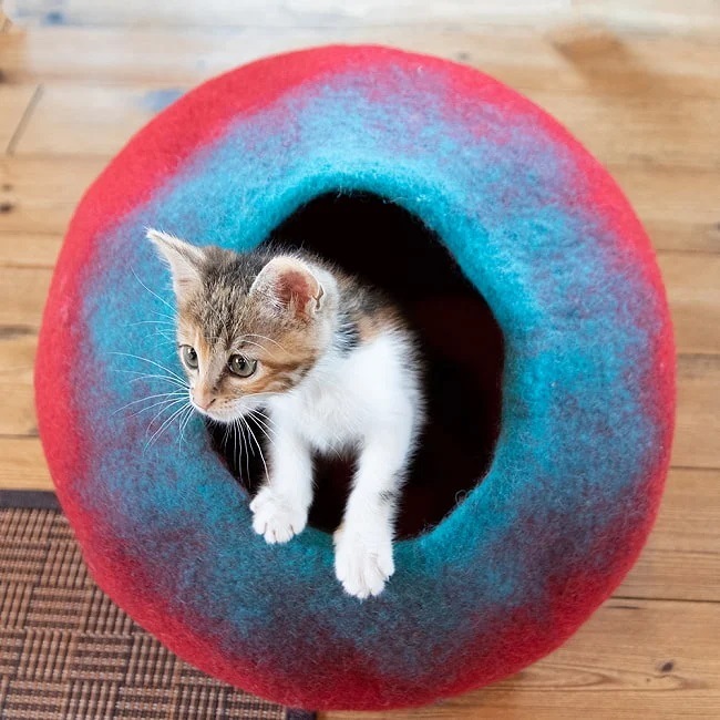 Nepal felt Cat Igloo　Blue&Red