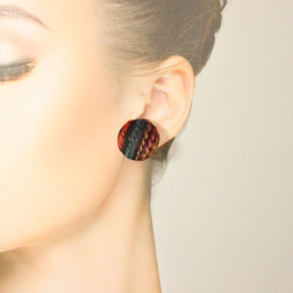 Colorful Yarn Fabric button Clip-on Earrings　