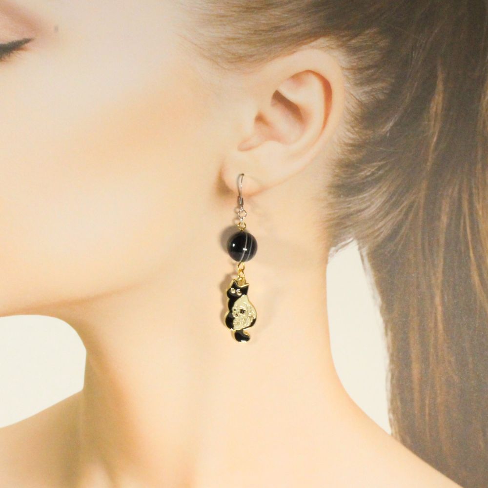 Eye Agate Earrings with Cats Charms
