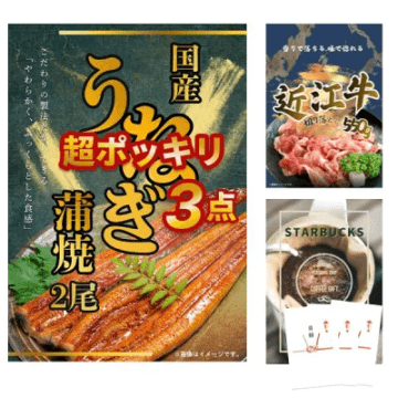 景品 3点セット 超ポッキリ 景品セット 目録 国産うなぎ蒲焼2尾 近江牛切り落とし550g スターバックスドリップコーヒー A3パネル付 結婚式 二次会 ビンゴ 有効期限なし QR申込