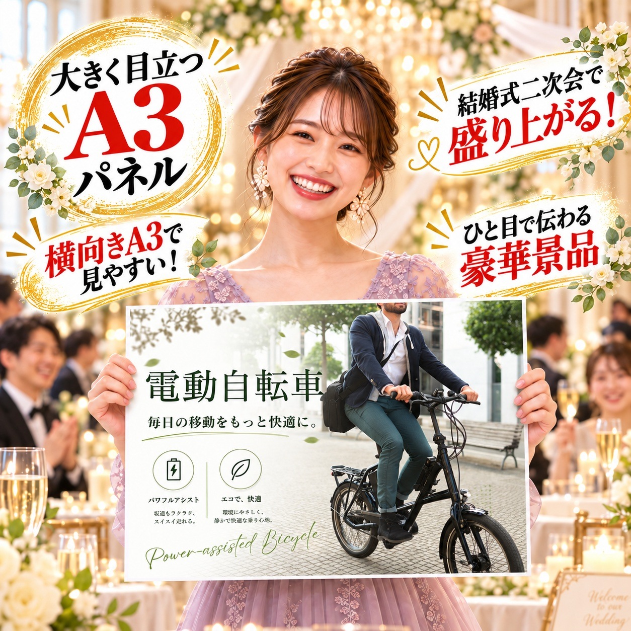結婚式 景品 【単品】 電動自転車 目録 A3パネル付｜有効期限無し 二次会 おしゃれ おすすめ 新パネル