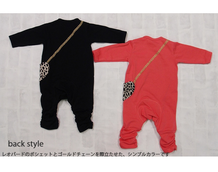 子供服 トップス A4653ミニ裏毛レオパードハートポシェットロンパース 日本製 4050保育園・メール便可40カバーオール　ベビー服　赤ちゃん