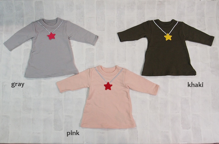 子供服 トップス 星ネックレス長袖AラインチュニックＴシャツ 80cm 90cm 95cm 100cm 日本製 9511保育園・メール便可20 ロンT