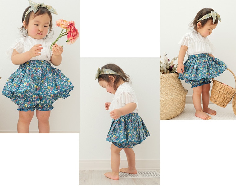 【在庫処分セール・さらにクーポン利用可】子供服 パンツ 真夏の大人小花柄バルーンパンツ付きスカート（80cm 90cm 95cm 100cm)スカッツ　日本製・メール便可13レギンス付きスカート　女の子　スカンツ保育園　保育園着
