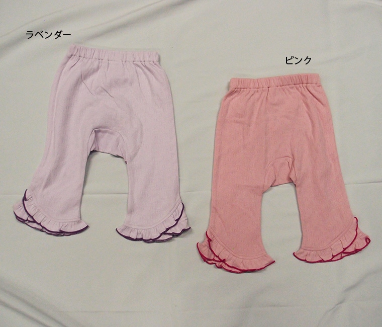 【在庫処分セール・さらにクーポン利用可】 伸縮性抜群綿100％ニコちゃん刺繍フリル10分丈モンキーパンツ　メール便可20