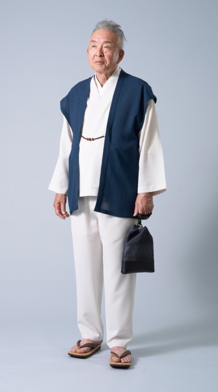 夏の作務衣3点セット/羽織紺・上下アイボリー