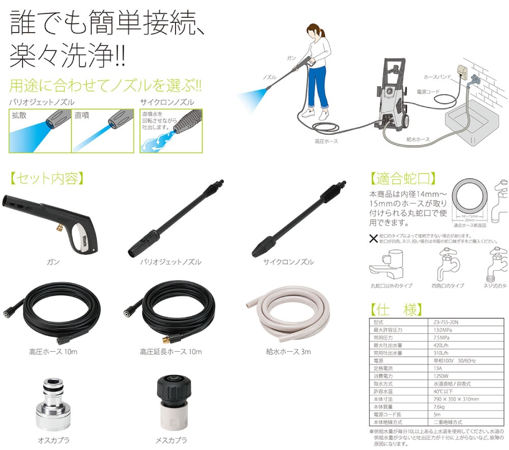 蔵王産業 ZAOH 高圧洗浄機 Vittorio Z3-755-20N＜タイヤ付き