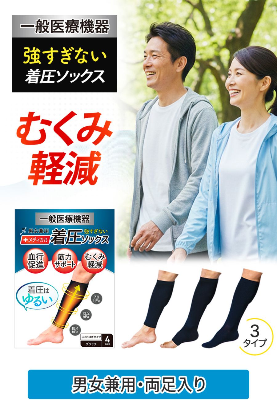 着圧ソックス 選べる3タイプ 男女兼用 締メディカル 一般医療機器【ふくらはぎサポーター／つま先なし(オープントゥ)／つま先あり】