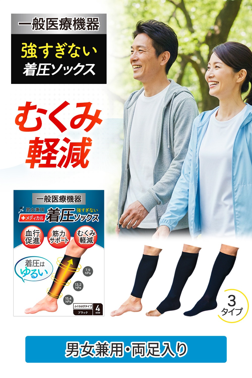 着圧ソックス 選べる3タイプ 男女兼用 締メディカル 一般医療機器【ふくらはぎサポーター／つま先なし(オープントゥ)／つま先あり】