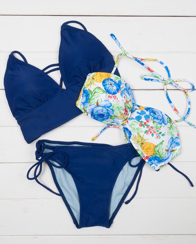 花柄バンドゥ＆ワンカラーハーフトップ3点セット水着 【LAULEA】