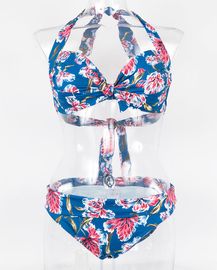 小花柄アートタッチ フロントノットホルター水着 ブルー【LAULEA】