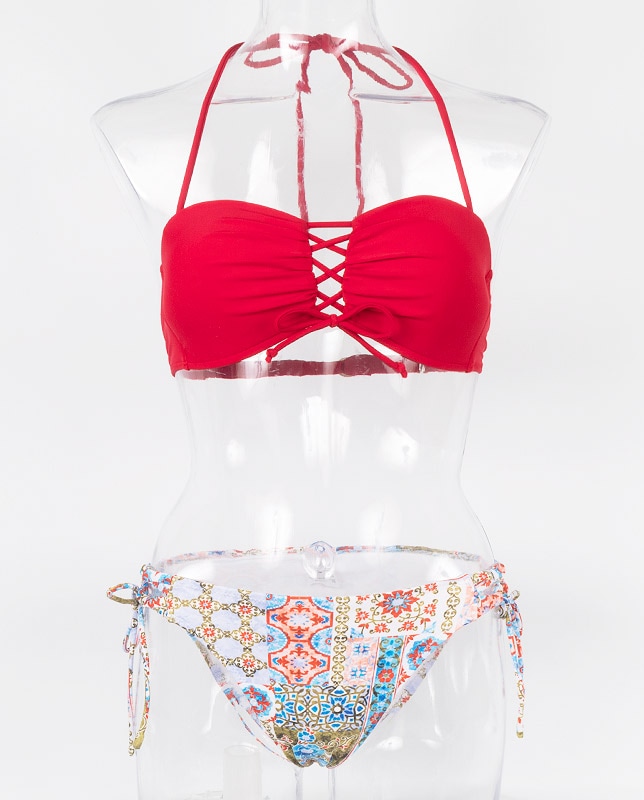 ダマスク柄×ワンカラーレースアップバンドゥ水着 【LAULEA】