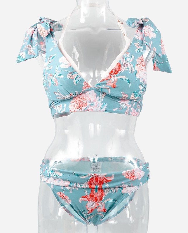 水彩タッチ花柄 肩リボン プッシュアップパッド水着 【LAULEA】