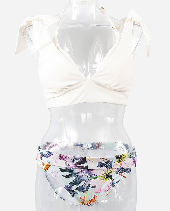 ボタニカル柄 肩リボン ワンカラープッシュアップパッド水着 【LAULEA】