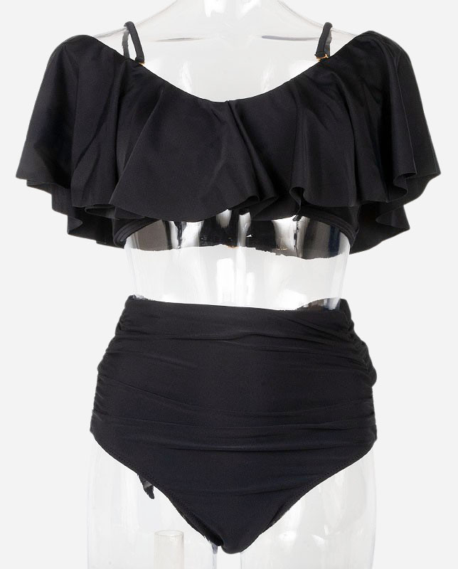 ワンカラーオフショルダーフリル ハイウエスト水着 【LAULEA】