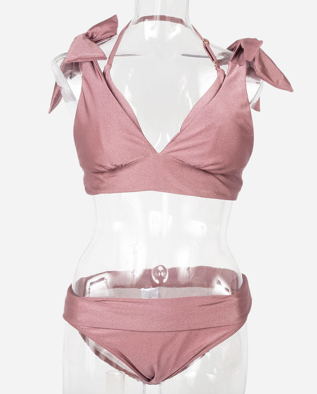 ワンカラー 肩リボン ワンカラープッシュアップパッド水着 【LAULEA】