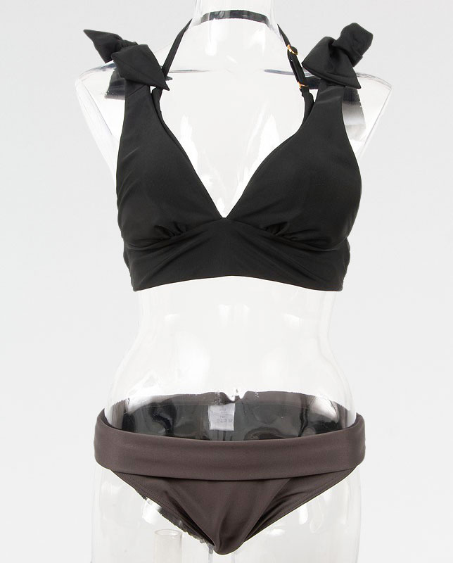 バイカラー 肩リボン ワンカラープッシュアップパッド水着 【LAULEA】